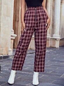 Plaid Print Paperbag Waist Zip Fly Trousers - Burgundy - View 5