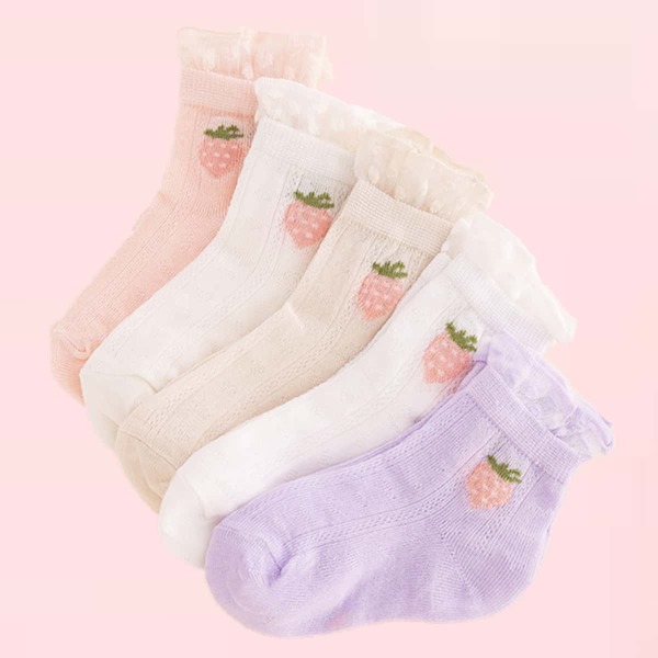 

5pairs Toddler Girls Strawberry Print Crew Socks, Multicolor