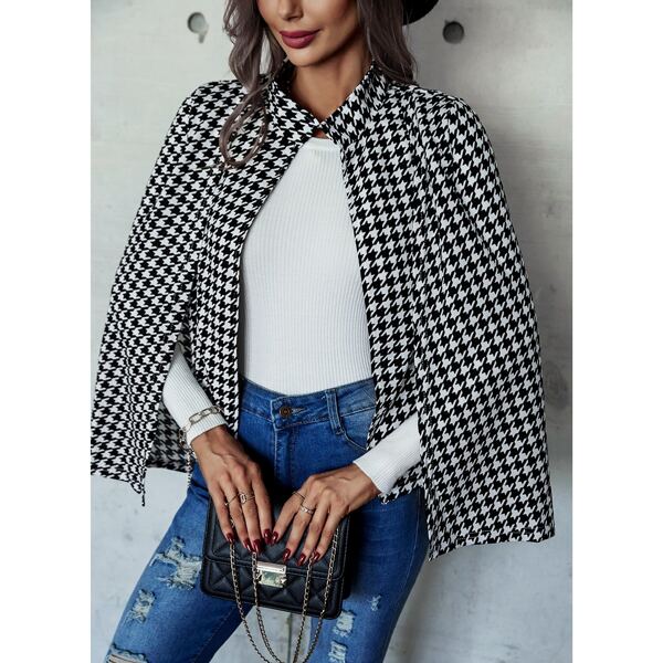 

Houndstooth Print Cloak Sleeve Coat, Black and white