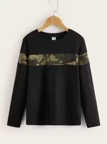 青少年男孩休闲圆领长袖迷彩拼接 T 恤春秋季