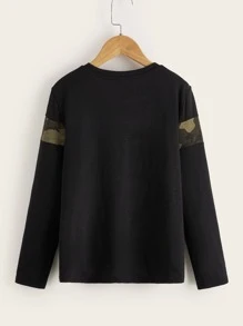 青少年男孩休闲圆领长袖迷彩拼接 T 恤春秋季