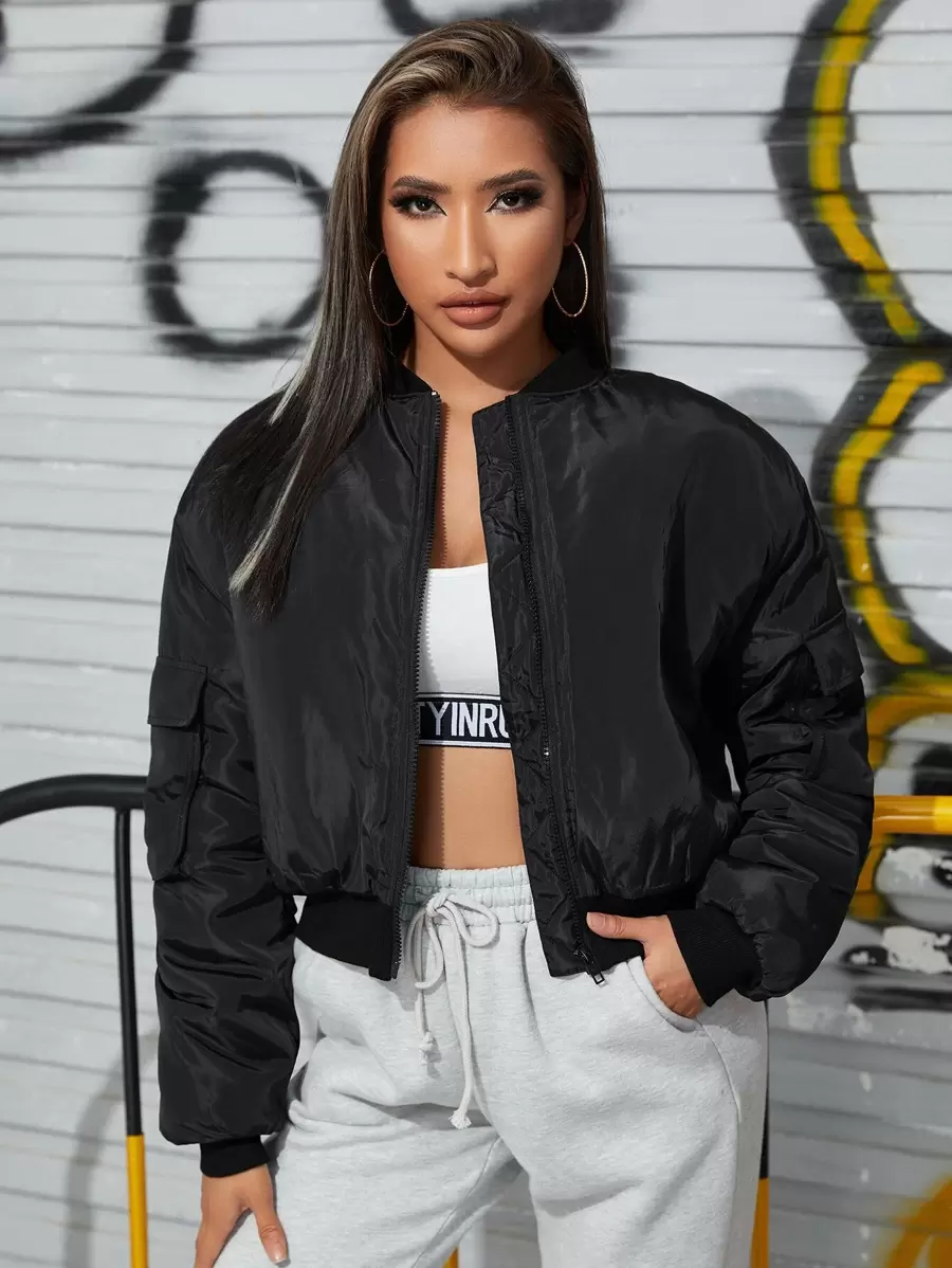 SHEIN Zip Up Bomber Jacket - Black - View 1