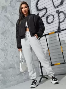 SHEIN Zip Up Bomber Jacket - Black - View 3