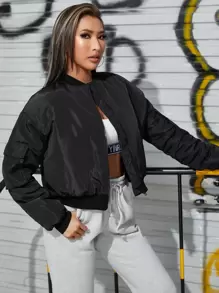 SHEIN Zip Up Bomber Jacket - Black - View 4