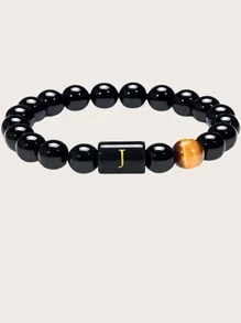 時尚流行男士字母圖形石串珠手鍊朋克嘻哈風格適合珠寶禮物和時尚外觀 - 黑色 - 查看 1