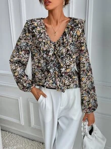 Allover Floral Print Ruffle Trim Lantern Sleeve Blouse - Multicolor - View 1