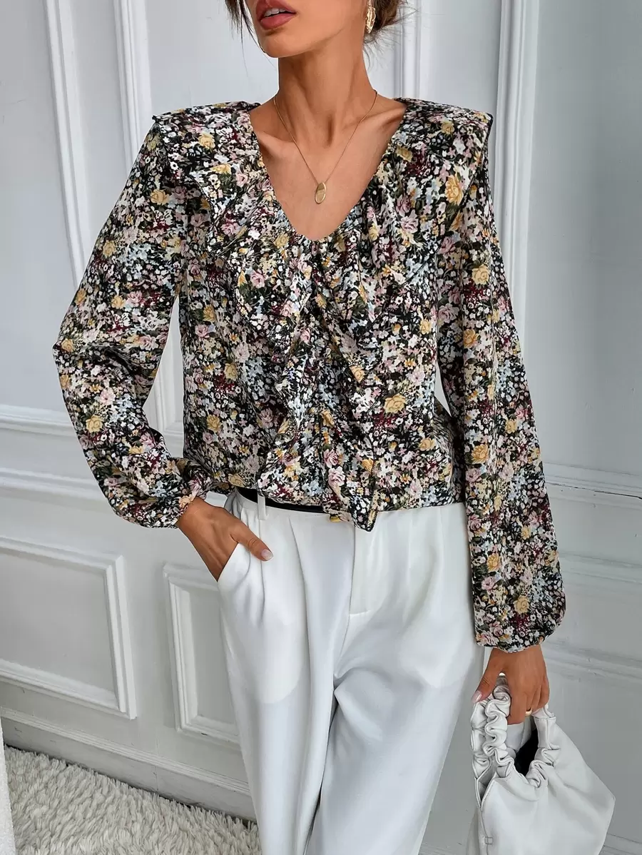 Allover Floral Print Ruffle Trim Lantern Sleeve Blouse - Multicolor - View 1