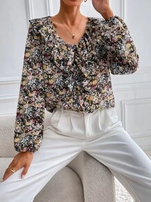 Allover Floral Print Ruffle Trim Lantern Sleeve Blouse - Multicolor - View 3