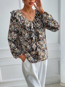 Allover Floral Print Ruffle Trim Lantern Sleeve Blouse - Multicolor - View 5