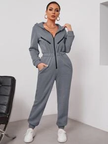 Zip Up Hooded Jumpsuit - Grey - View 1