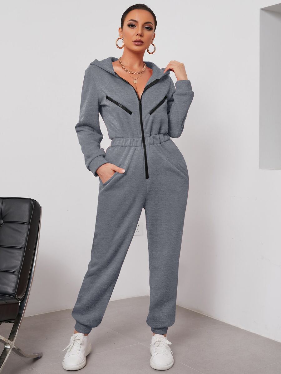 Zip Up Hooded Jumpsuit - Grey - View 1
