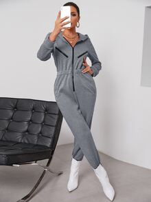 Zip Up Hooded Jumpsuit - Grey - View 3