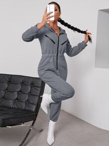 Zip Up Hooded Jumpsuit - Grey - View 4