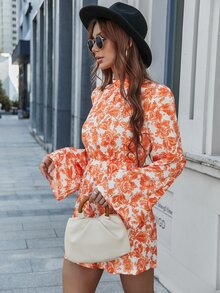 Mono con estampado floral de manga con volante de espalda abierta con cordón - Multicolor - Ver 4