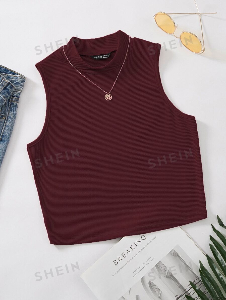 SHEIN Unity Tricot din tricot cu coaste cu gât fals - Burgundia - Vizualizare 1