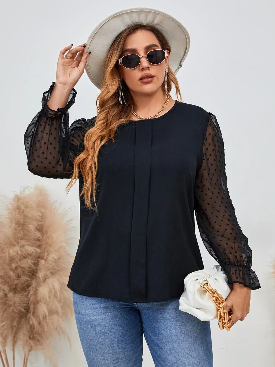 Mulvari 大碼圓點荷葉袖襯衫 - 黑色 - 查看 1