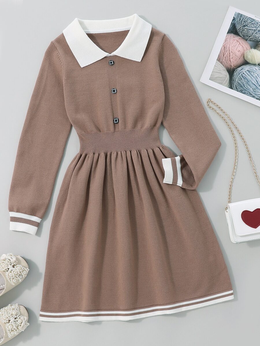 Girls Single Breasted Contrast Trim Jumper Dress - Khaki - View 1