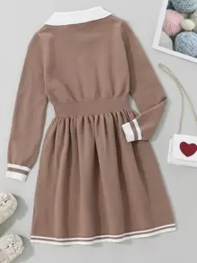 Girls Single Breasted Contrast Trim Jumper Dress - Khaki - View 2