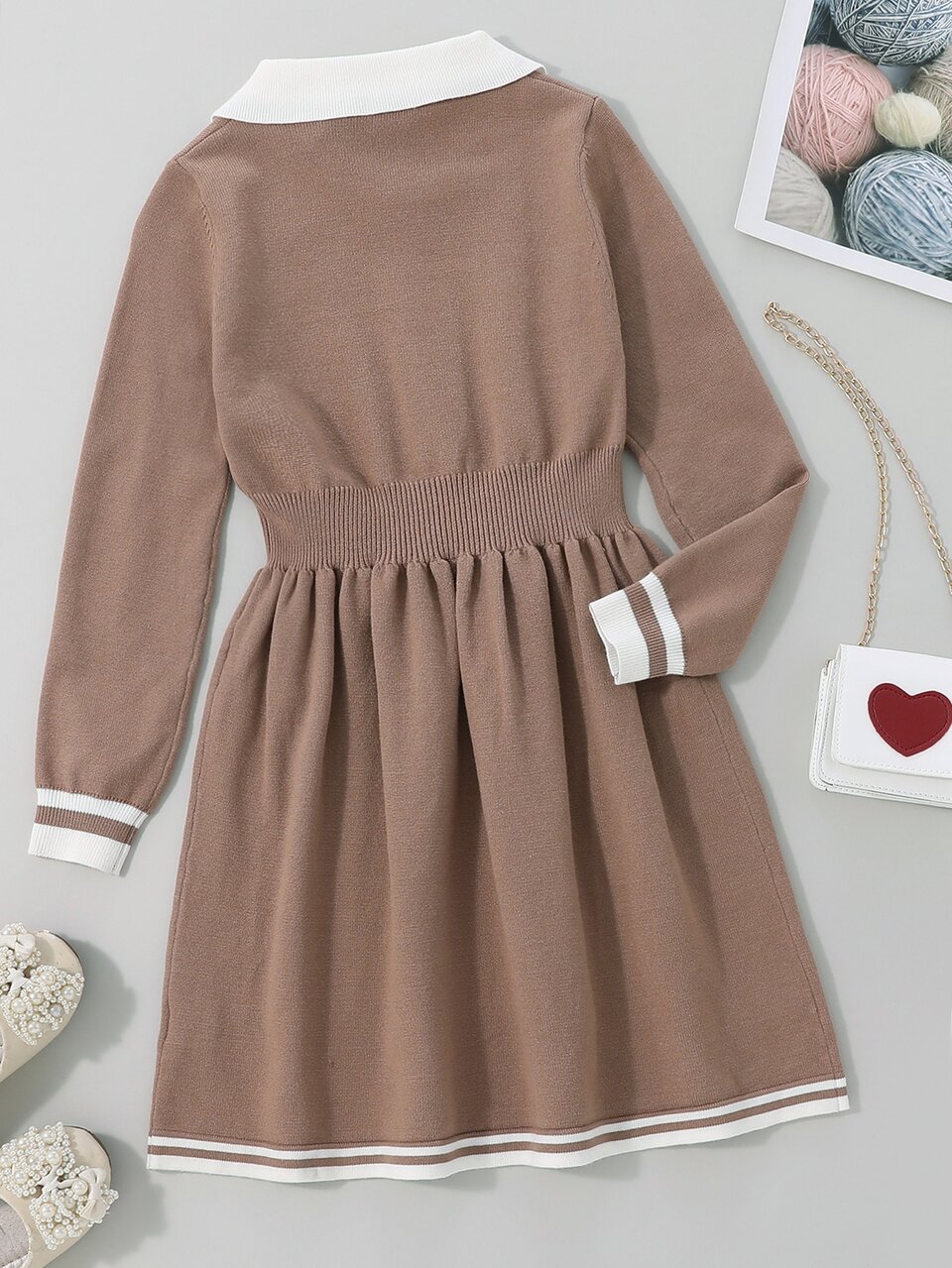 Tween Girls' Knitted Sweater Dress With Collar Patchwork, Striped Hem And Elastic Waist
