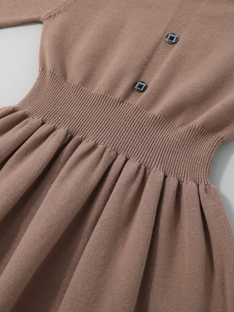 Tween Girls' Knitted Sweater Dress With Collar Patchwork, Striped Hem And Elastic Waist