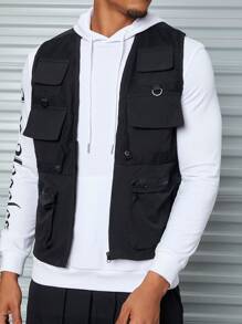 AXEPEAK Loose-Fit Men's Zipper Flap Pocket Casual Vest Jacket, For Fall Winter - Black - View 3