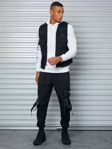 AXEPEAK Loose-Fit Men's Zipper Flap Pocket Casual Vest Jacket, For Fall Winter - Black - View 4