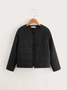 SHEIN Tween Girl Solid Zip Up Padded Coat - Black - View 1