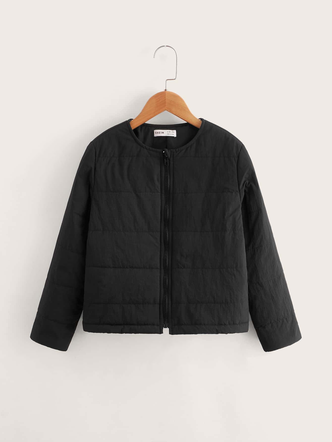 SHEIN Tween Girl Solid Zip Up Padded Coat - Black - View 1