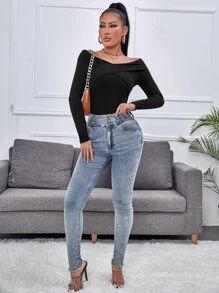 SHEIN Privé Rib-knit Criss Cross Tee - Black - View 3