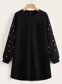 SHEIN LUNE Drop Shoulder Pearls Beaded Dress - Black - View 1