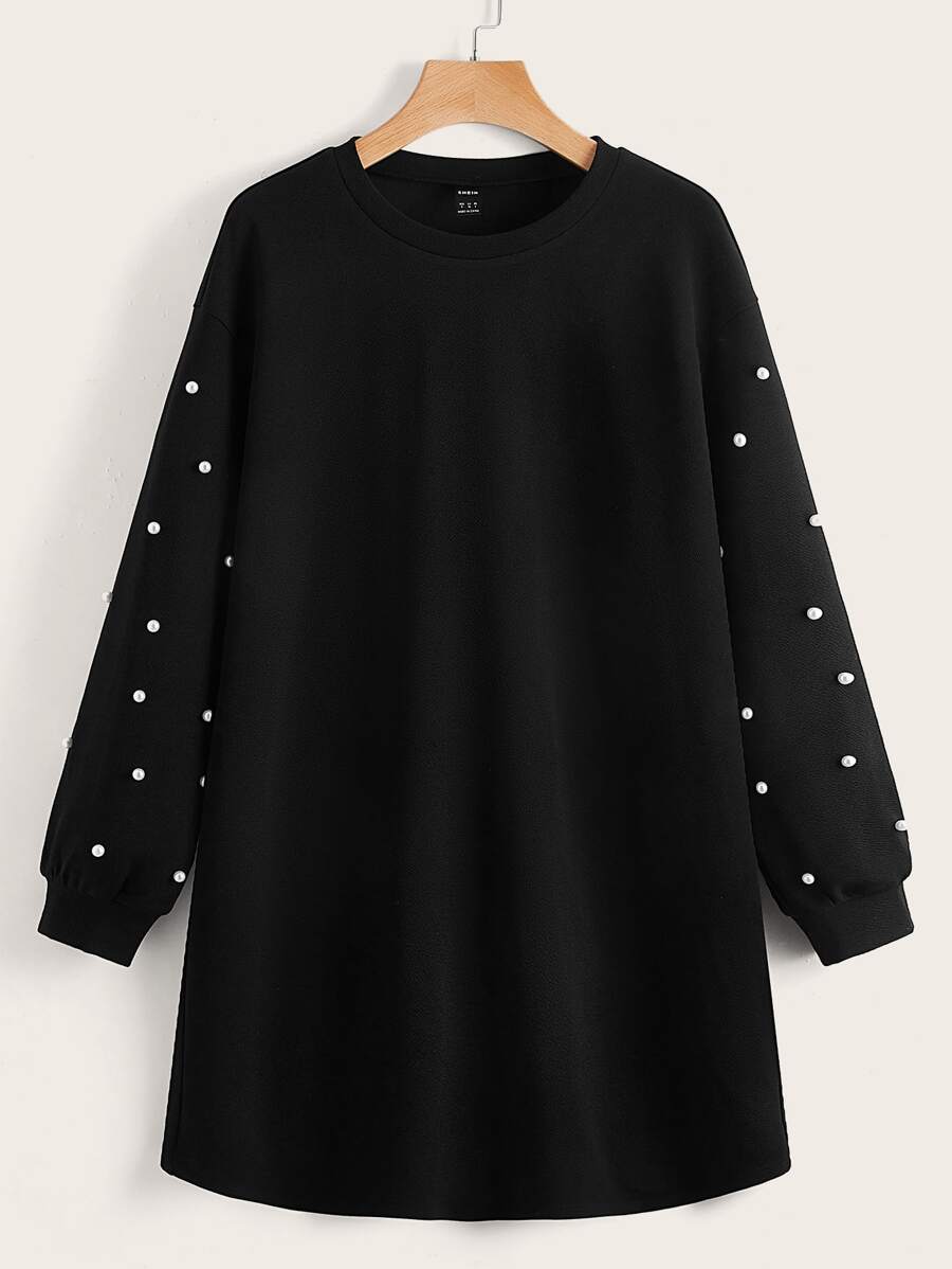 SHEIN LUNE Drop Shoulder Pearls Beaded Dress - Black - View 1