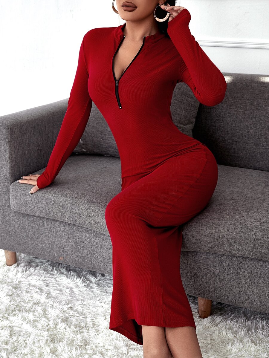 SHEIN SXY Đầm Dây kéo màu trơn Giải trí - Màu Đỏ Sâu - Xem 1