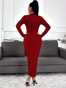 SHEIN SXY Đầm Dây kéo màu trơn Giải trí - Màu Đỏ Sâu - Xem 2