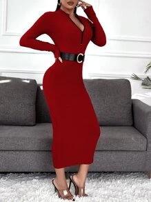 SHEIN SXY Đầm Dây kéo màu trơn Giải trí - Màu Đỏ Sâu - Xem 5