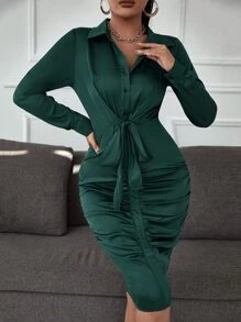 SHEIN SXY 前打結褶邊緞面緊身洋裝 - 墨綠色 - 查看 1