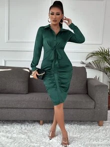 SHEIN SXY 前打結褶邊緞面緊身洋裝 - 墨綠色 - 查看 3