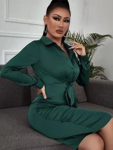 SHEIN SXY 前打結褶邊緞面緊身洋裝 - 墨綠色 - 查看 5