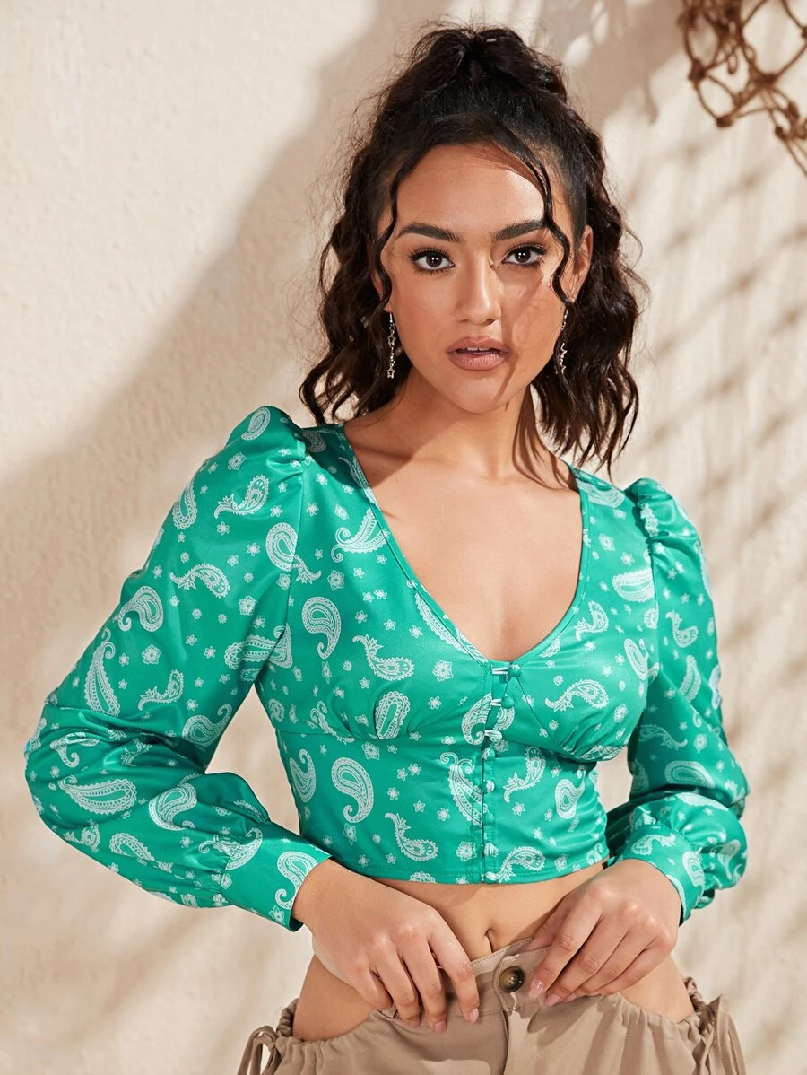 Lantern Sleeve Shirred Hem Paisley Print Blouse - Green - View 1