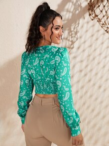 Lantern Sleeve Shirred Hem Paisley Print Blouse - Green - View 2