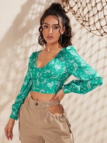 Lantern Sleeve Shirred Hem Paisley Print Blouse - Green - View 5