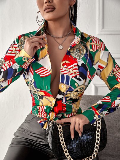 SHEIN SXY Rope & Clock Print Button Front Shirt