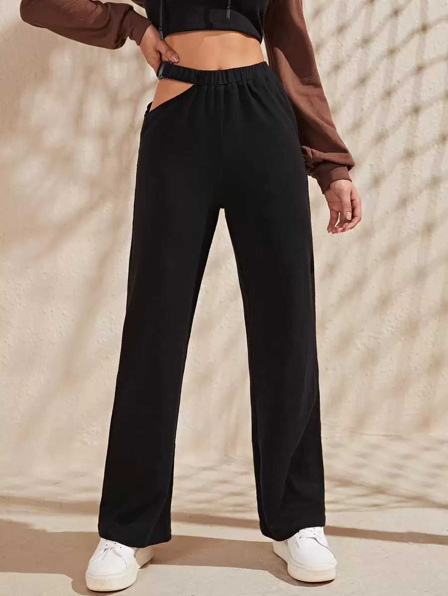 Buckle Cut Out Waist Joggers - Black - View 1