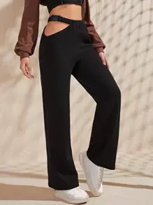 Buckle Cut Out Waist Joggers - Black - View 4