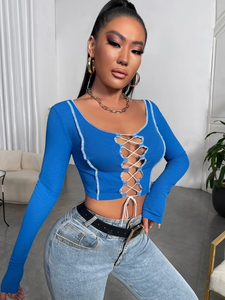 SHEIN SXY Lace Up Front Top-stitching Crop Top | SHEIN
