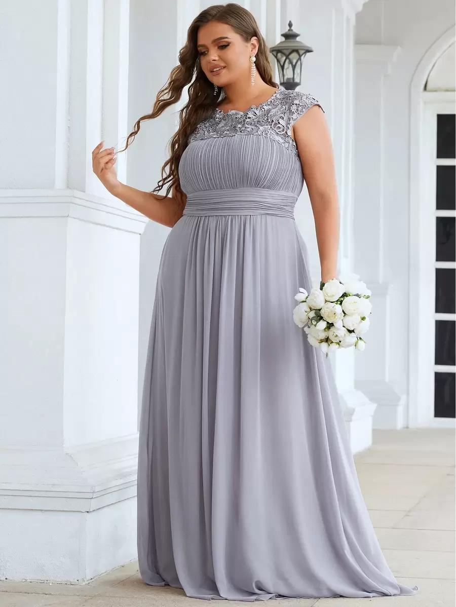 Plus Cut Out Back Appliques Chiffon Bridesmaid Dress - Grey - View 1