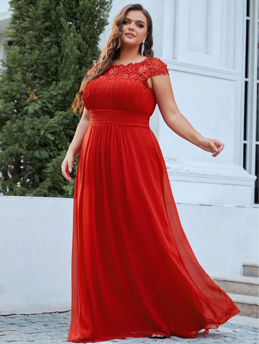 Plus Cut Out Back Rhinestone Appliques Maxi Chiffon Formal Dress - Red - View 1