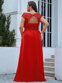 Plus Cut Out Back Rhinestone Appliques Maxi Chiffon Formal Dress - Red - View 2