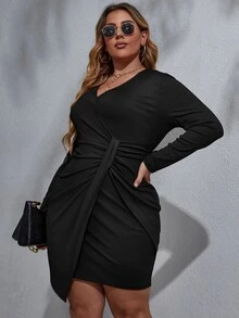Plus Ruched Wrap Bodycon Dress - Black - View 3
