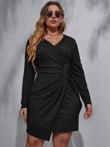 Plus Ruched Wrap Bodycon Dress - Black - View 6