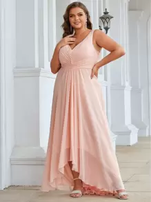 EVERPRETTY Vestido de dama de honor con diamante de imitación fruncido bajo irregular de gasa - Rosa Pálido - Ver 1